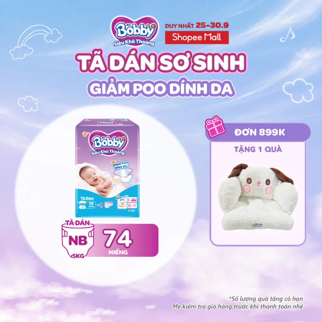 Tã dán sơ sinh Bobby NB70/S54/M46 Giảm Poo Dính Da
