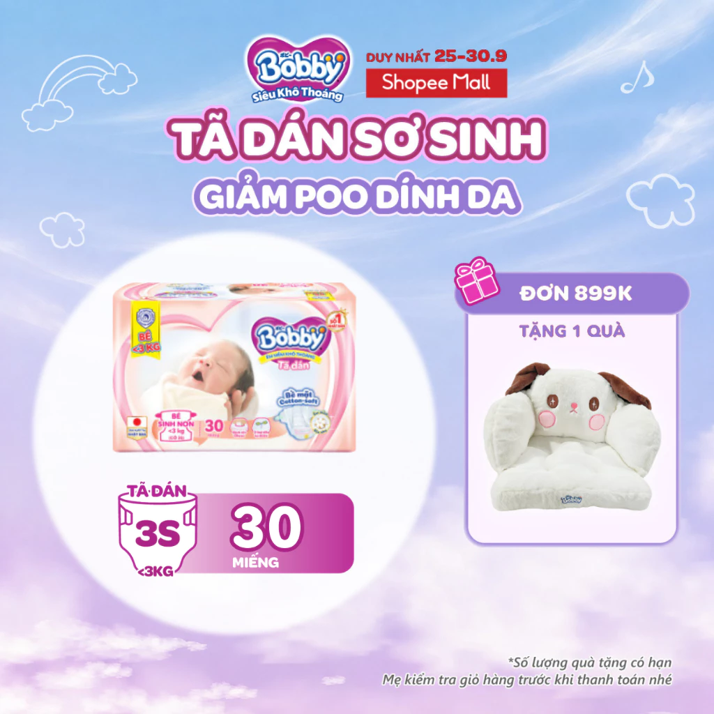 Tã dán Bobby cho trẻ thiếu tháng <3KG 30 miếng/gói