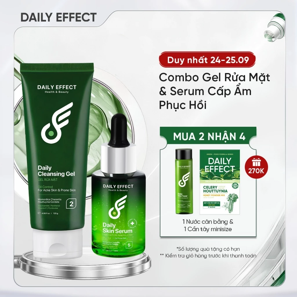 Combo Sữa Rửa Mặt + Serum Cấp Ẩm Làm Dịu Da - DAILY EFFECT Daily Cleansing Gel + Daily Skin Serum (120g + 30g)