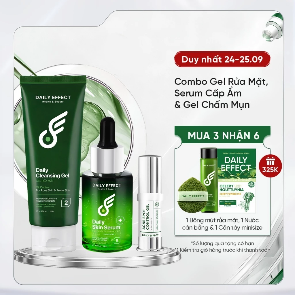 Combo Sữa Rửa Mặt + Serum HA B5 + Gel Chấm Mụn - DAILY EFFECT  (120g + 30g + 5g) hỗ trợ Làm sạch, Chăm sóc da