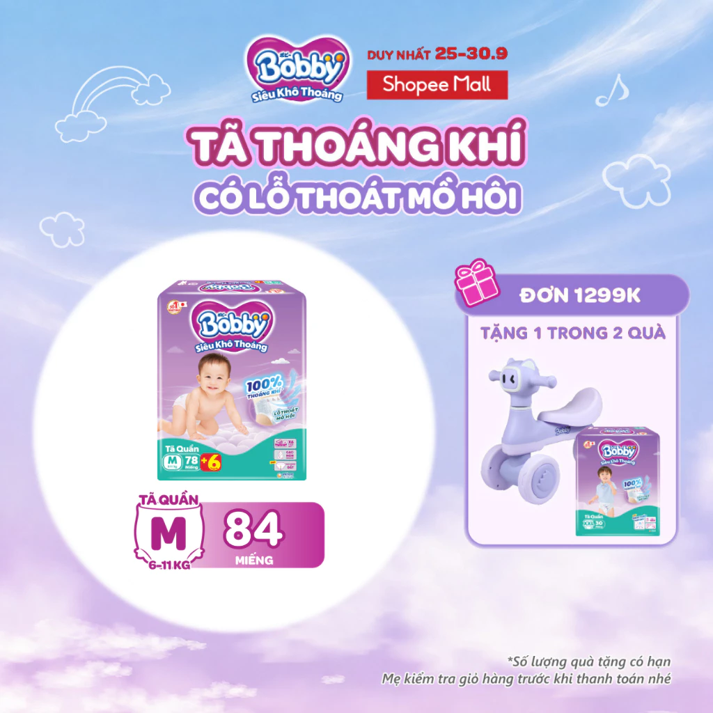[Tặng miếng ngẫu nhiên] Tã quần Bobby Khô Thoáng - 100% Thoáng Khí Ultra Jumbo M/L/XL/XXL/XXL