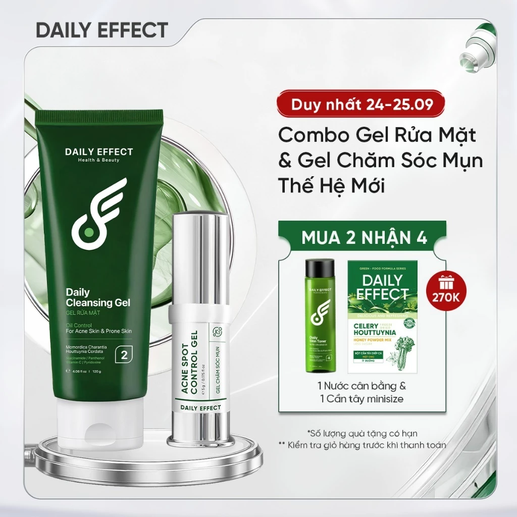 Combo Sữa Rửa Mặt + Gel Chấm Mụn 5g - DAILY EFFECT Daily Cleansing Gel + Daily Acne Spot Control Gel (120g + 5g)