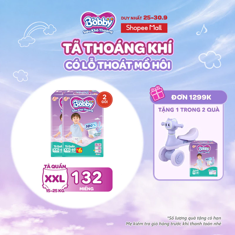 [Tặng miếng ngẫu nhiên] Combo 02 gói tã quần Bobby Siêu Khô Thoáng - 100% Thoáng Khí Ultra Jumbo M/L/XL/XXL/XXL