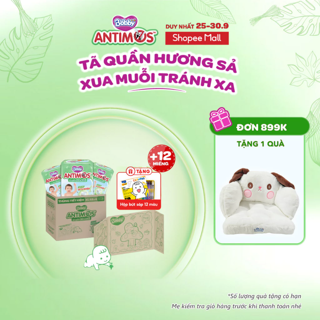 [THÙNG TIẾT KIỆM TÔ MÀU]CB 3gói tã Quần Xua Muỗi Bobby Antimos–Hàng rào Sả tự nhiên Bye Muỗi 8H-M52/L50+2/XL48+4/XXL46+6