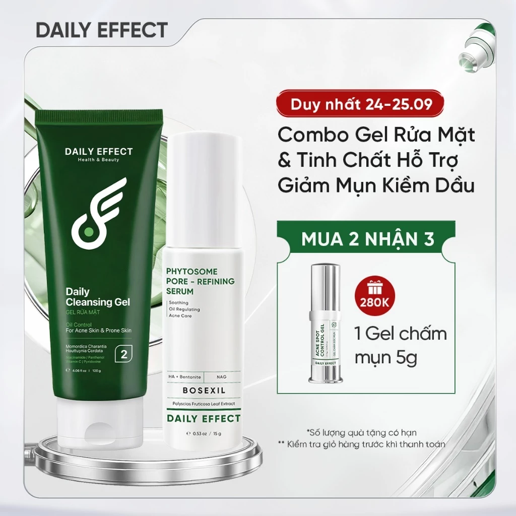 Combo Sữa Rửa Mặt + Serum Giảm Mụn Kiềm Dầu DAILY EFFECT Daily Cleansing Gel + Phytosome Pore - Refining Serum (120g )