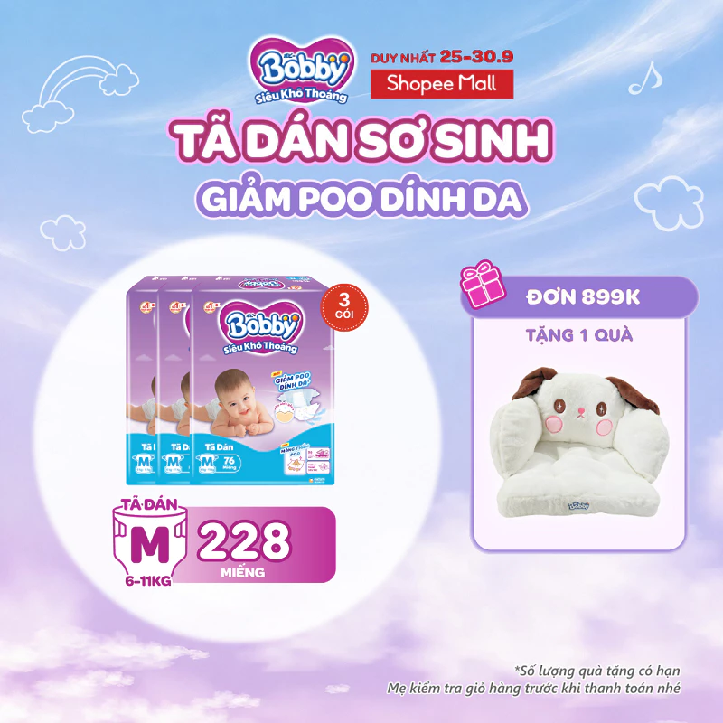 Combo 3 tã dán Bobby S80/M76/L68/XL62/XXL56 Giảm Poo Dính Da