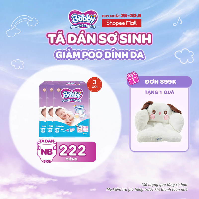 Combo 3 tã dán sơ sinh Bobby NB70/S54/M46 Giảm Poo Dính Da