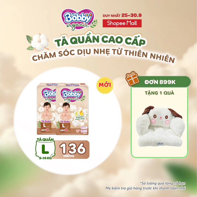 [TẶNG MIẾNG] Combo 2 gói tã quần cao cấp Bobby Organic chăm sóc dịu nhẹ từ thiên nhiên M72+8/L60+8/XL56+8/XXL54+6