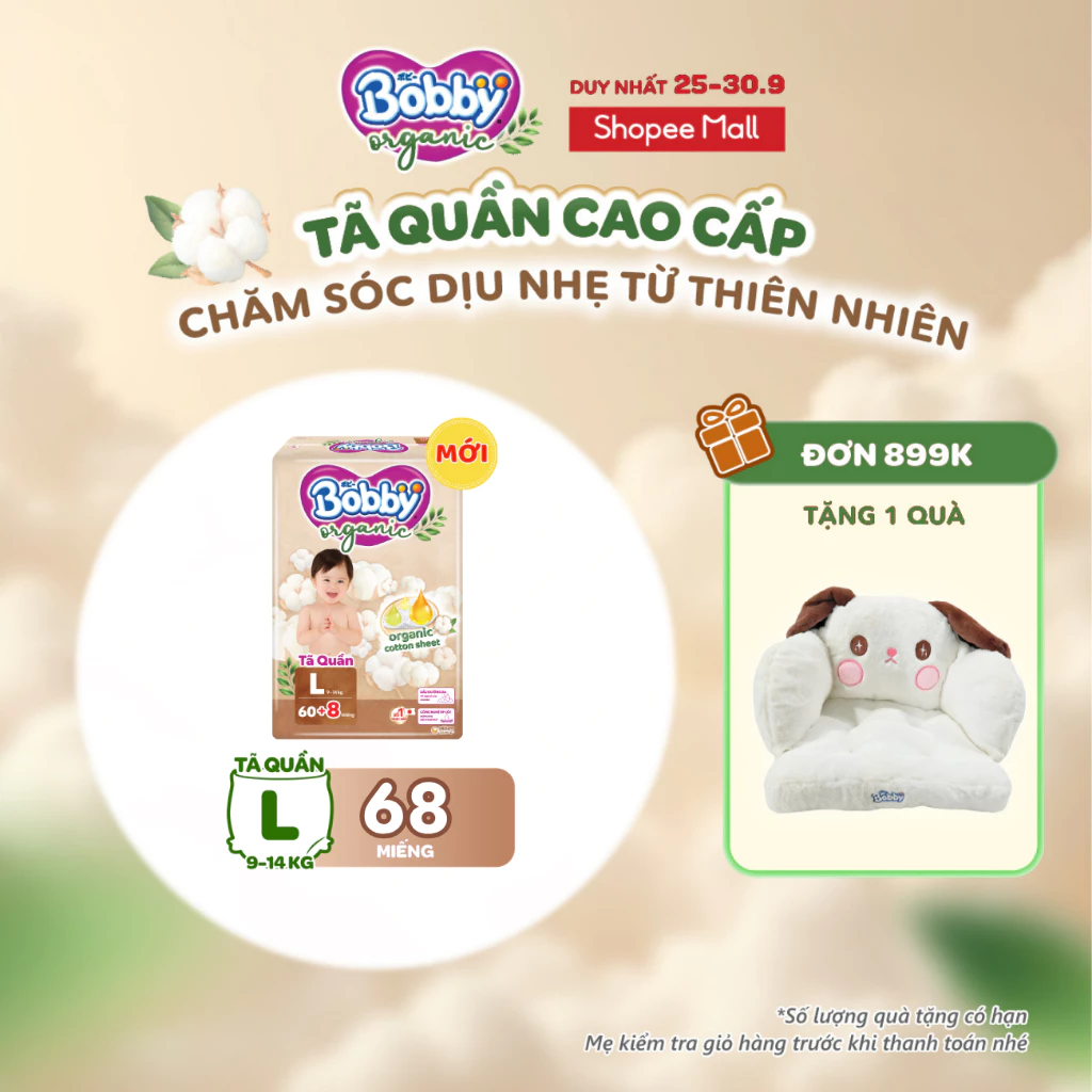 [MỚI RA MẮT] [TẶNG MIẾNG] Tã quần cao cấp Bobby Organic chăm sóc dịu nhẹ từ thiên nhiên M72+8/L60+8/XL56+8/XXL54+6