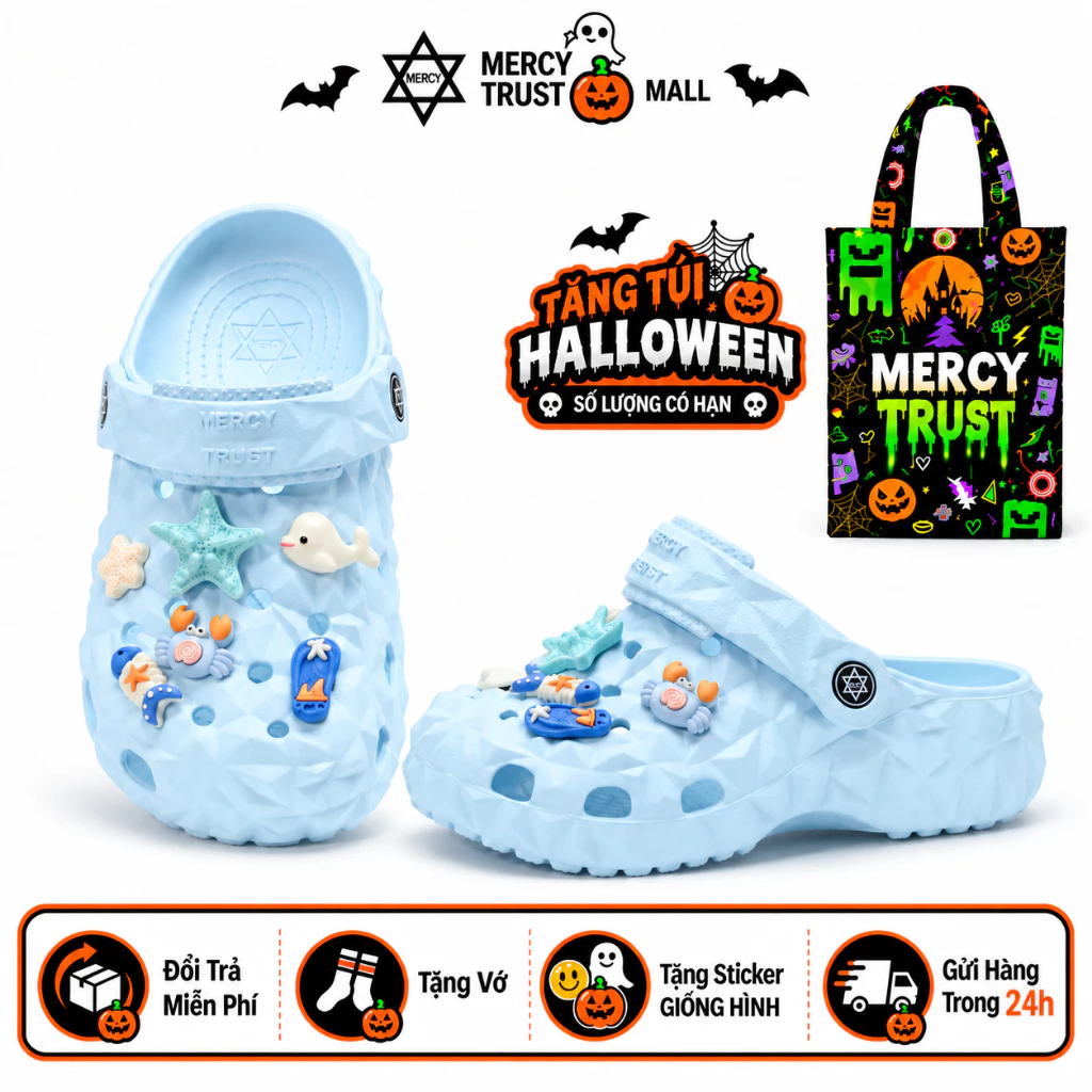 [TẶNG TÚI HALLOWEEN] Kèm Sticker Giống Hình, Vớ Dép MERCY TRUST Kim Cương Chất Liệu EVA Không Mùi Êm Nhẹ