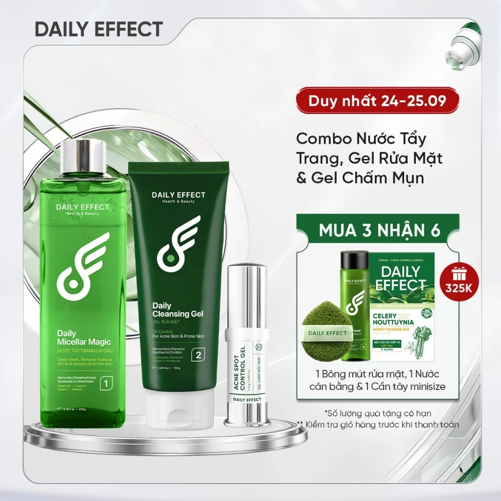 Combo Nước Tẩy Trang + Sữa Rửa Mặt + Gel Chấm Mụn - DAILY EFFECT (200g + 120g + 5g) Hỗ Trợ Giảm Mụn Daily Effect