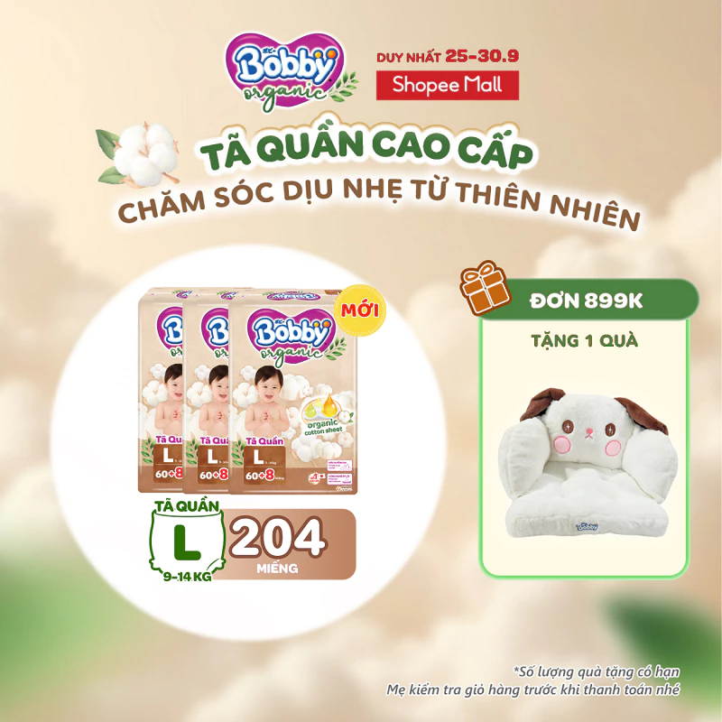 [TẶNG MIẾNG] Combo 3 gói tã quần cao cấp Bobby Organic chăm sóc dịu nhẹ từ thiên nhiên M72+8/L60+8/XL56+8/XXL54+6