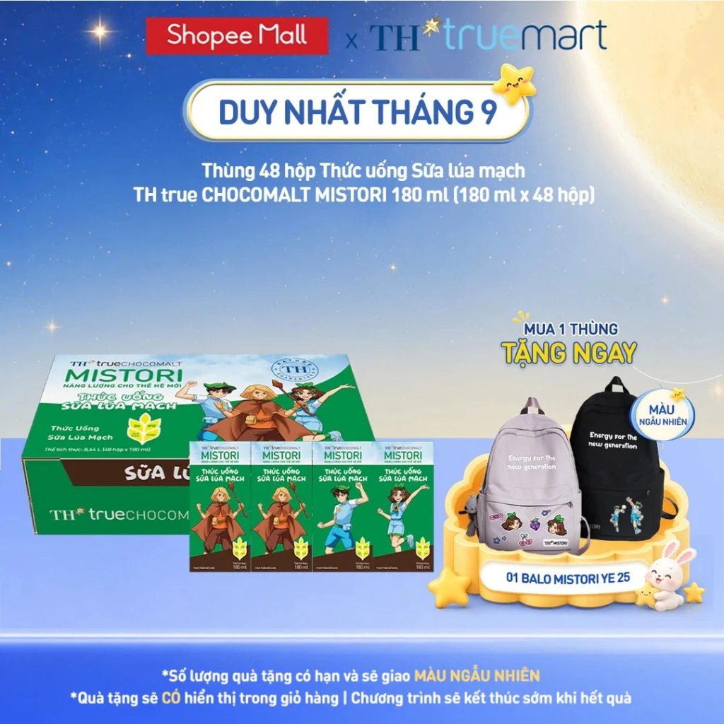 [Livestream] Thùng 48 hộp thức uống Sữa Lúa mạch Có Thạch TH true CHOCOMALT MISTORI 180 ml (180 ml x 48)