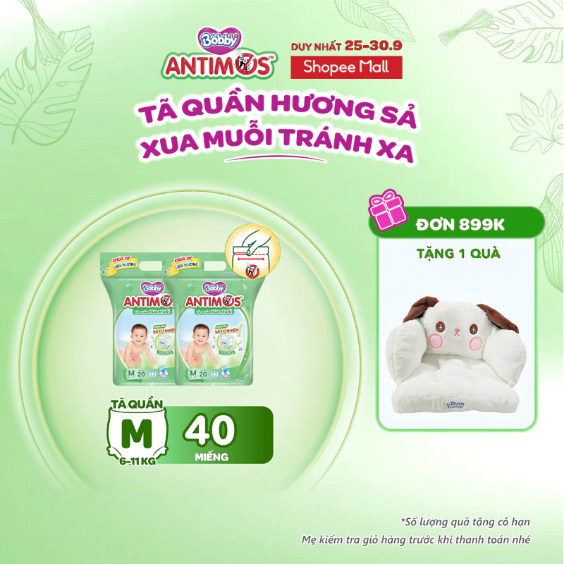 [MỚI] Combo 2 túi tã quần xua muỗi Bobby Antimos 20 miếng – Hàng rào Sả tự nhiên Bye Muỗi 8H - size M/L/XL/XXL