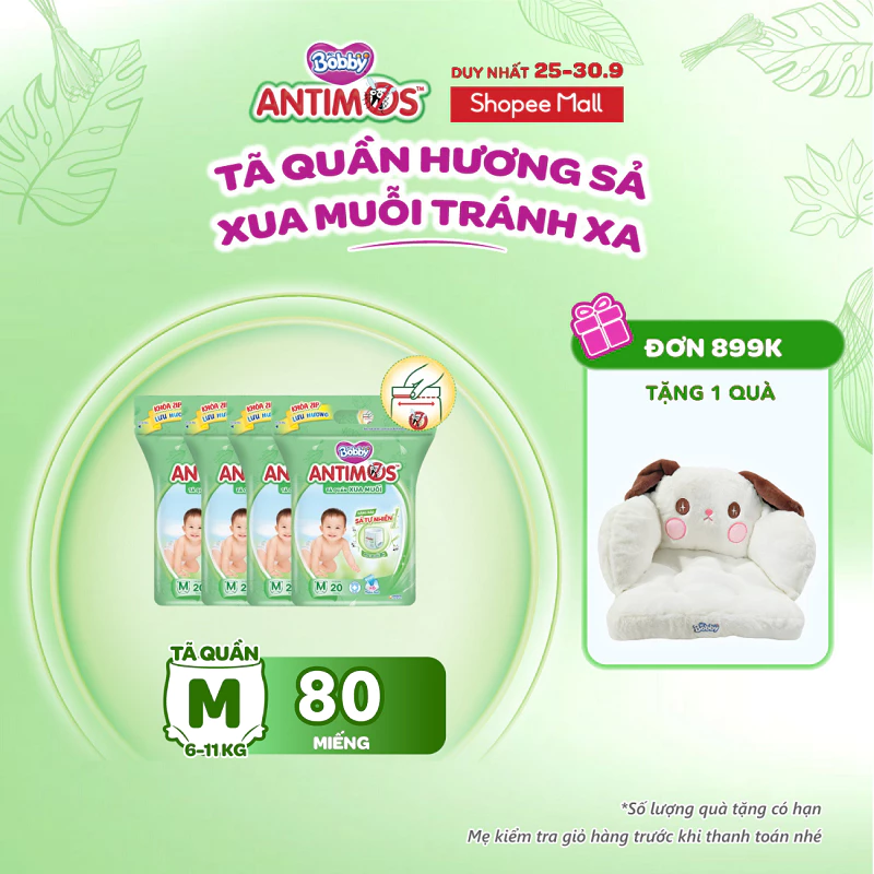 [MỚI] Combo 4 túi tã quần xua muỗi Bobby Antimos 20 miếng – Hàng rào Sả tự nhiên Bye Muỗi 8H - size M/L/XL/XXL
