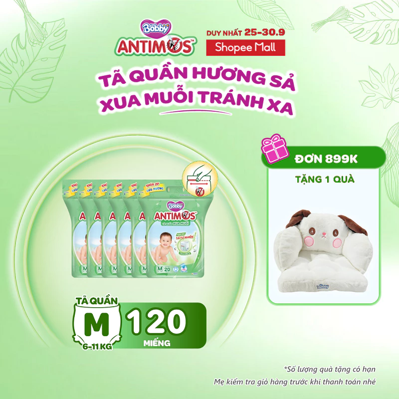 [MỚI] Combo 6 túi tã quần xua muỗi Bobby Antimos 20 miếng – Hàng rào Sả tự nhiên Bye Muỗi 8H - size M/L/XL/XXL