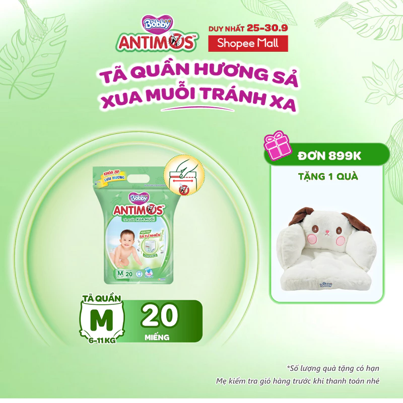 [MỚI] Túi tã quần xua muỗi Bobby Antimos 20 miếng – Hàng rào Sả tự nhiên Bye Muỗi 8H - size M/L/XL/XXL