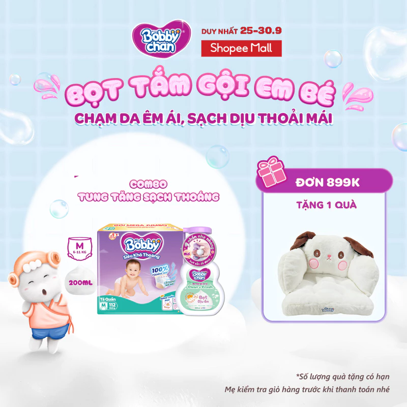 Combo sạch thoáng: Tã quần Bobby Mega Jumbo size M112+4/L96+4/XL84+4/XXL76+4 & Bọt tắm gội em bé Clean & Fresh 200ml
