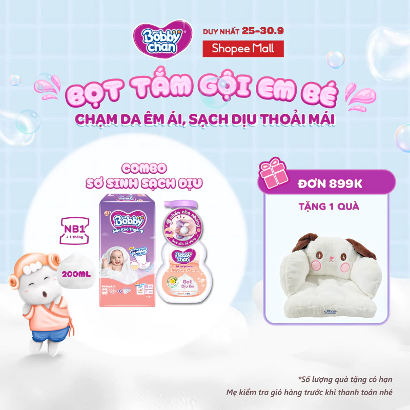 Combo sơ sinh sạch dịu: Miếng lót sơ sinh Bobby Newborn 1-108 miếng & Bọt tắm gội em bé Nature Care - Soft Care 200ml
