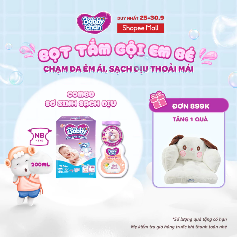 Combo sơ sinh sạch dịu: Tã dán sơ sinh Bobby NB70 (XS70) & Bọt tắm gội em bé Nature Care - Soft Care 200ml