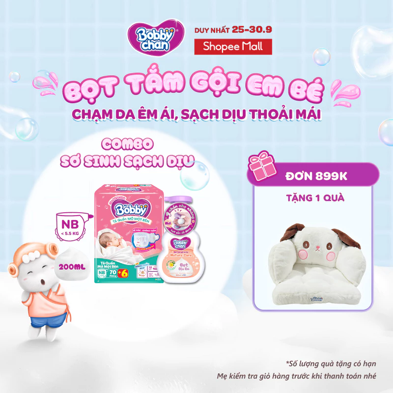 Combo sơ sinh sạch dịu: Tã quần mở một bên Bobby size NB70+6/S80 & Bọt tắm gội em bé Nature Care - Soft Care 200ml/450ml