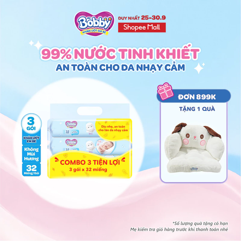 Combo tiện lợi 3 gói Khăn ướt Bobby không mùi 32 tờ/gói (Xanh)