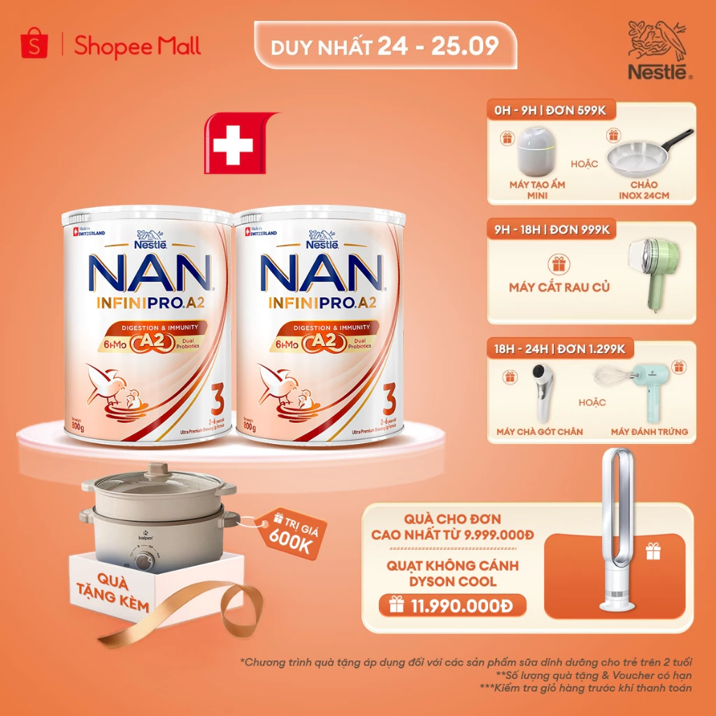 [Tặng Nồi lẩu hấp 2 tầng] Bộ 2 lon Sữa bột Nestle NAN INFINIPRO A2 3 800g từ 2-6 Tuổi Có Đạm A2, 6HMO, Lợi Khuẩn Kép