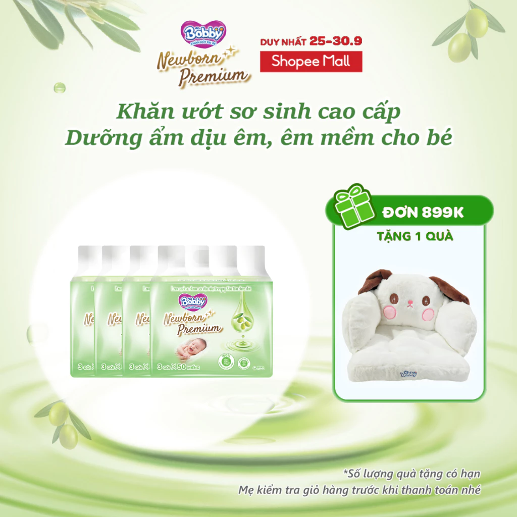 Combo 4 túi (12 gói) Khăn ướt Bobby Newborn Premium 50 miếng/ gói