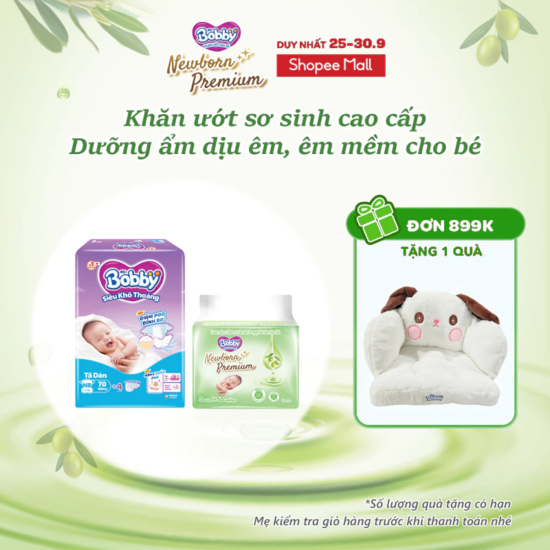 Combo sơ sinh êm ái: Tã dán sơ sinh Bobby NB70 (XS70) & 03 Gói Khăn ướt Bobby Newborn Premium 50 miếng/ gói
