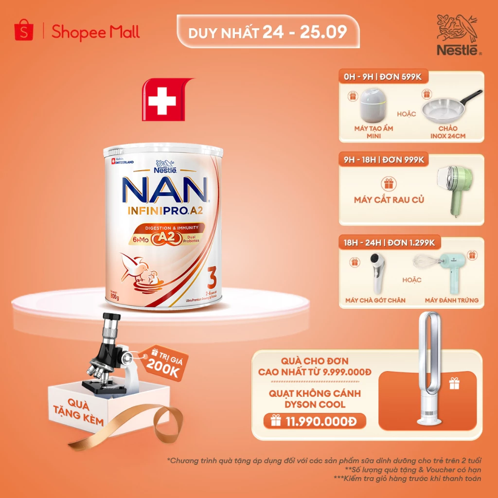 [Tặng Đồ chơi kính hiển vi] Sữa bột Nestle NAN INFINIPRO A2 3 800g Cho Bé 2 - 6 Tuổi Có Đạm A2, 6HMO, Lợi Khuẩn Kép