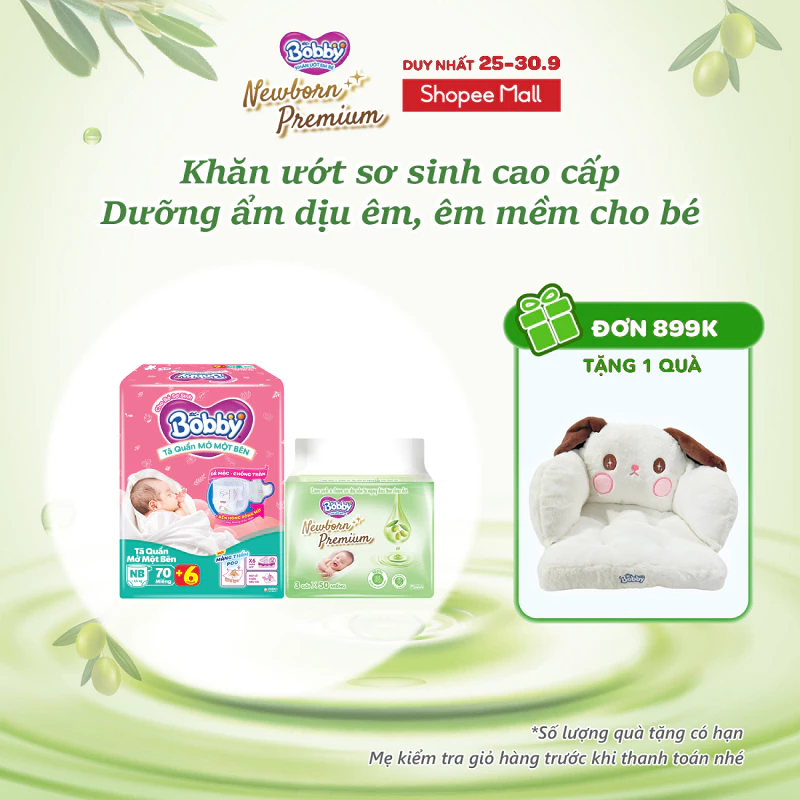 Combo sơ sinh êm ái: Tã quần mở một bên Bobby size NB70+6/S80 & 03 Gói Khăn ướt Bobby Newborn Premium 50 miếng/ gói