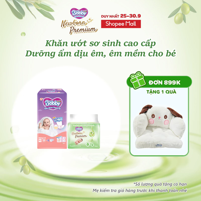 Combo sơ sinh êm ái: Miếng lót sơ sinh Bobby Newborn 1-108 miếng & 03 Gói Khăn ướt Bobby Newborn Premium 50 miếng/gói