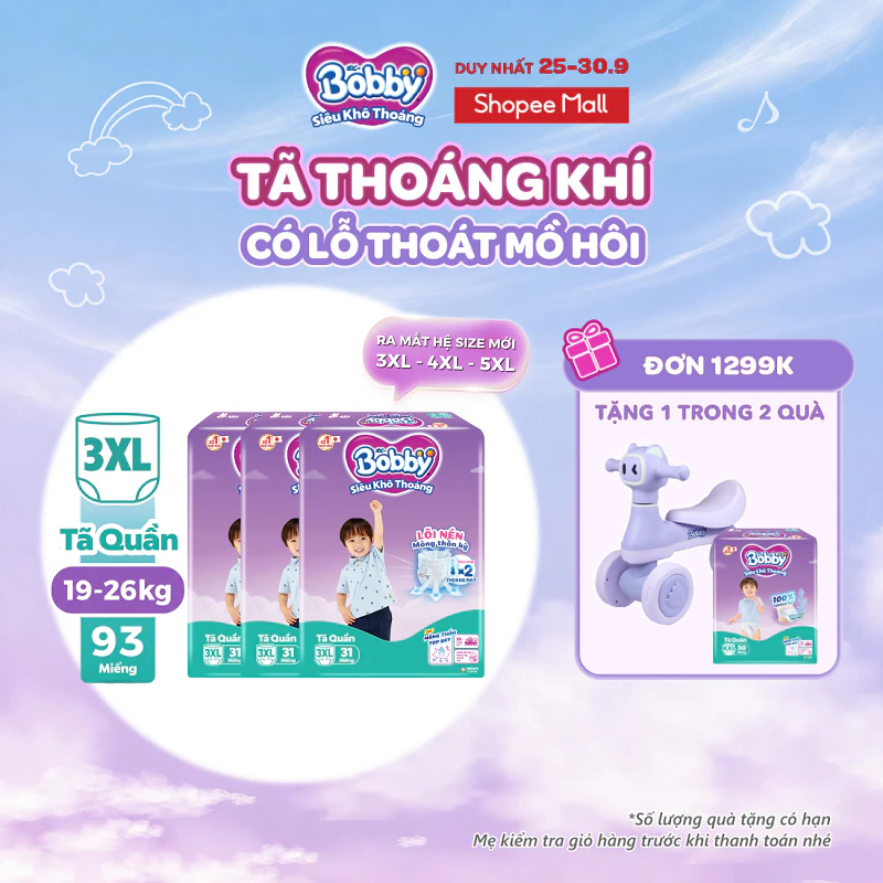 [SIZE LỚN] Combo 3 gói tã quần Bobby Siêu Khô Thoáng 3XL31/3XL24/4XL23/5XL22