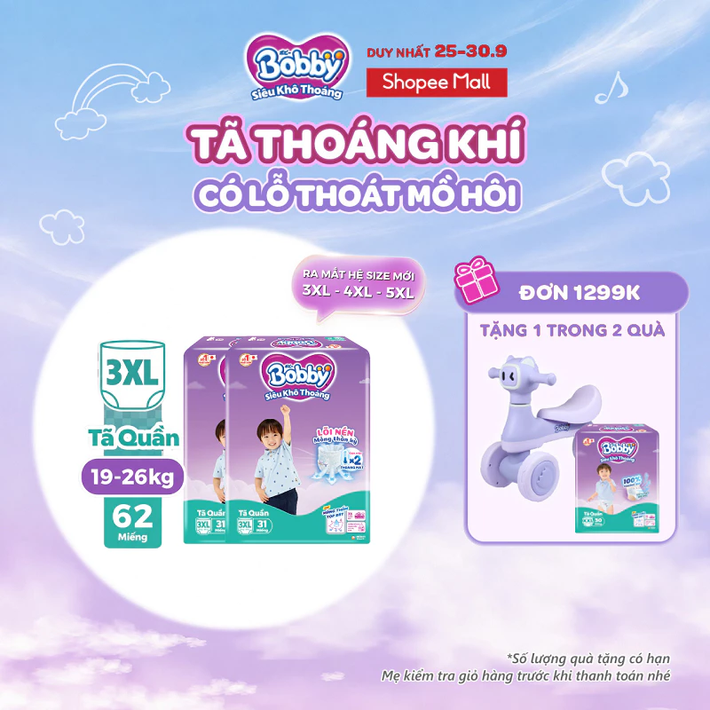[SIZE LỚN] Combo 2 gói tã quần Bobby Siêu Khô Thoáng 3XL31/3XL24/4XL23/5XL22