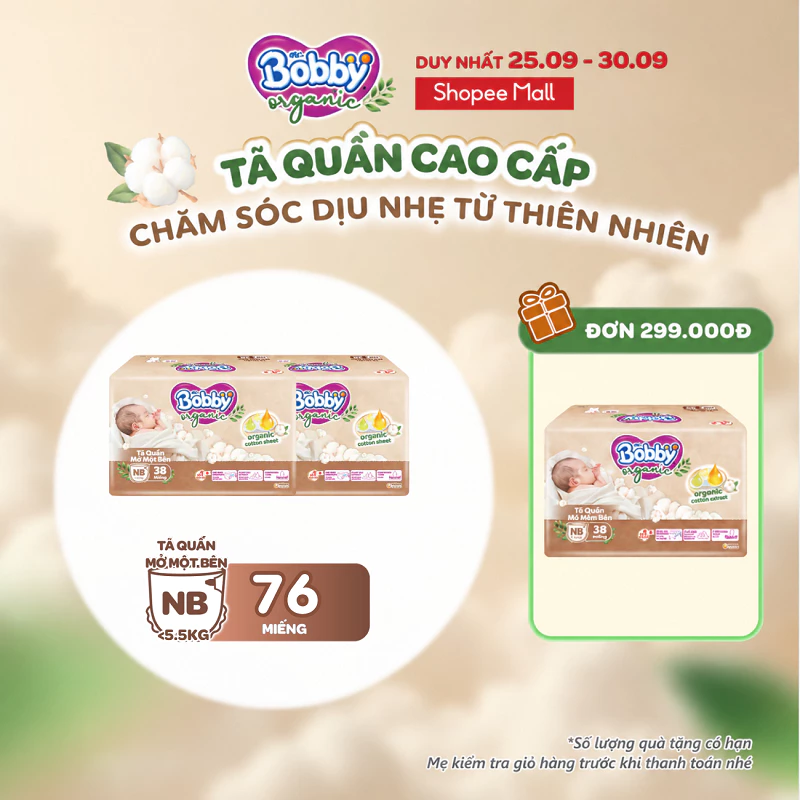 Combo 2 Tã quần cao cấp Bobby Organic Sơ sinh Mở một bên NB38/S38