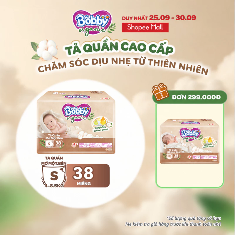 Tã quần cao cấp Bobby Organic Sơ sinh Mở một bên NB38/S38