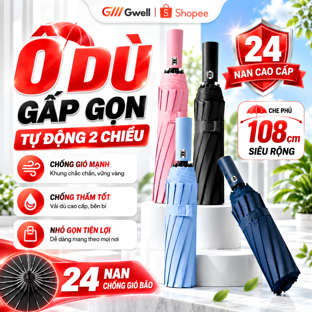 Ô Dù Gấp Gọn, Ô Tự Động Chống Tia UV Thông Minh, 24 Nan Che Nắng Mưa Du Lịch, Đi Học, Văn Phòng