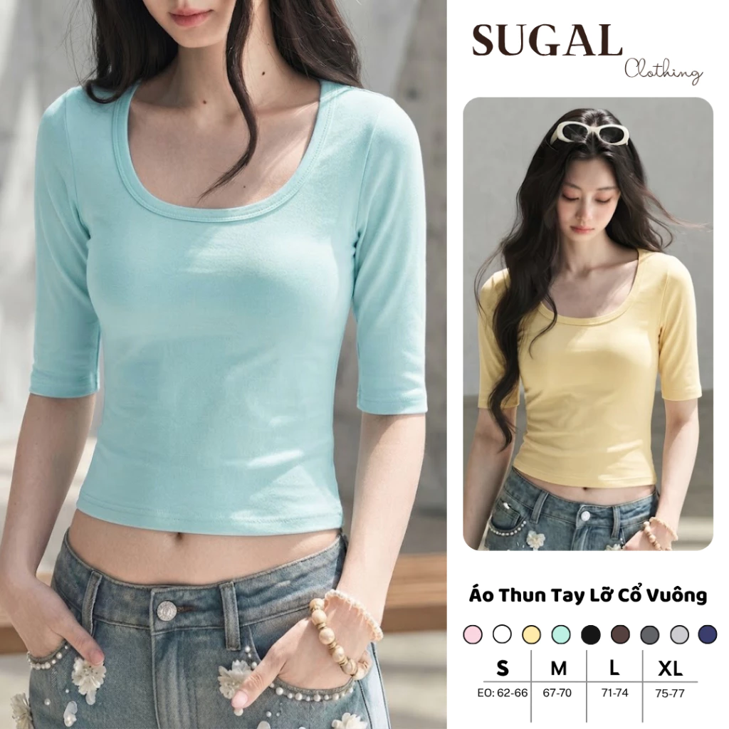 [DEAL MỞ BÁN] SUGAL - Áo Thun Tay Lỡ Cổ Vuông Ôm Body Phù Hợp Mùa Thu - Áo Thun Basic Nhiều Màu Pastel Dễ Mặc |TOP 335V1