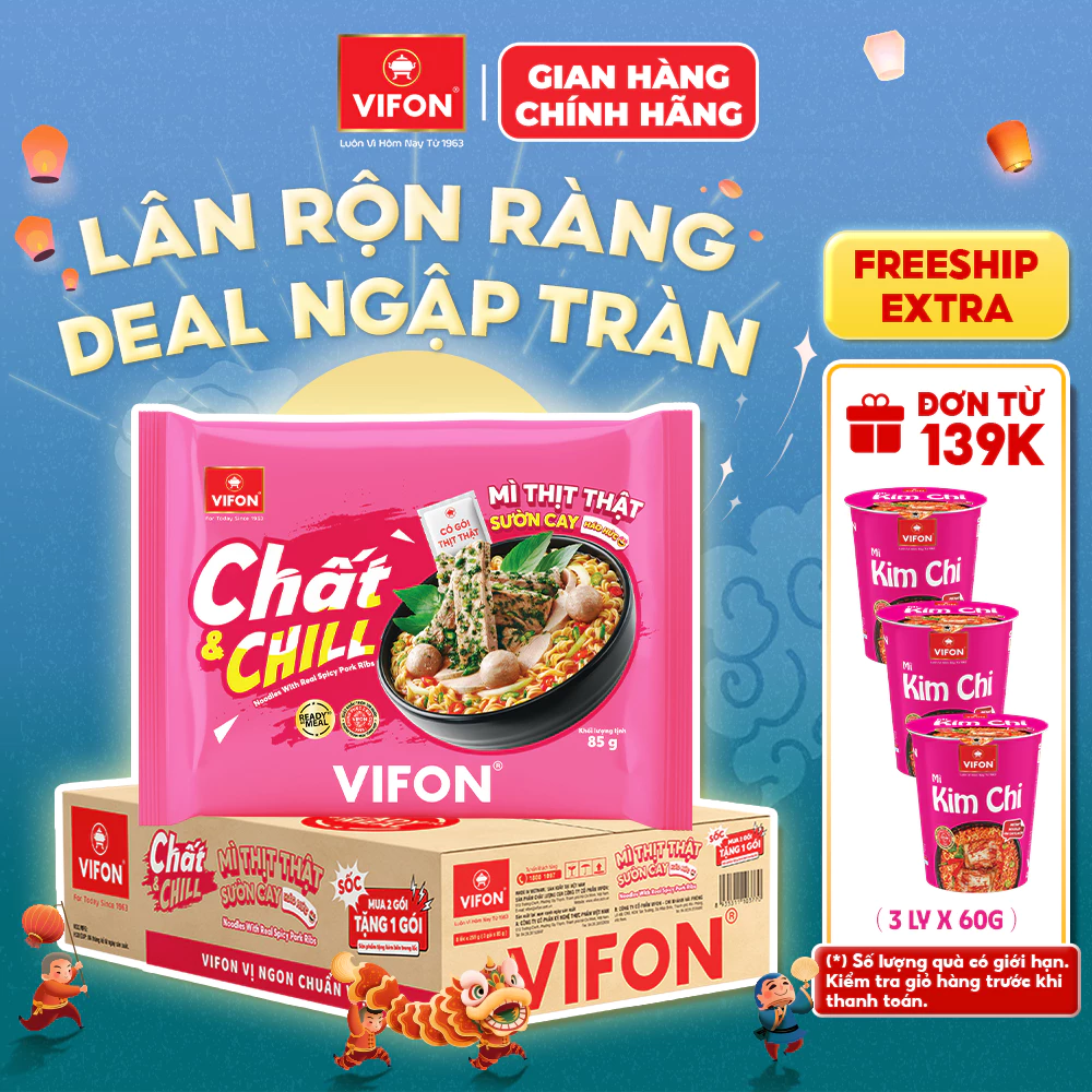 [SALE 55% T9D2] Thùng 24 Gói Mì Thịt Thật Sườn Cay/ Mì Trộn Ớt Xiêm Xanh Chất & Chill VIFON 85gr Đậm Vị, Tiện Lợi