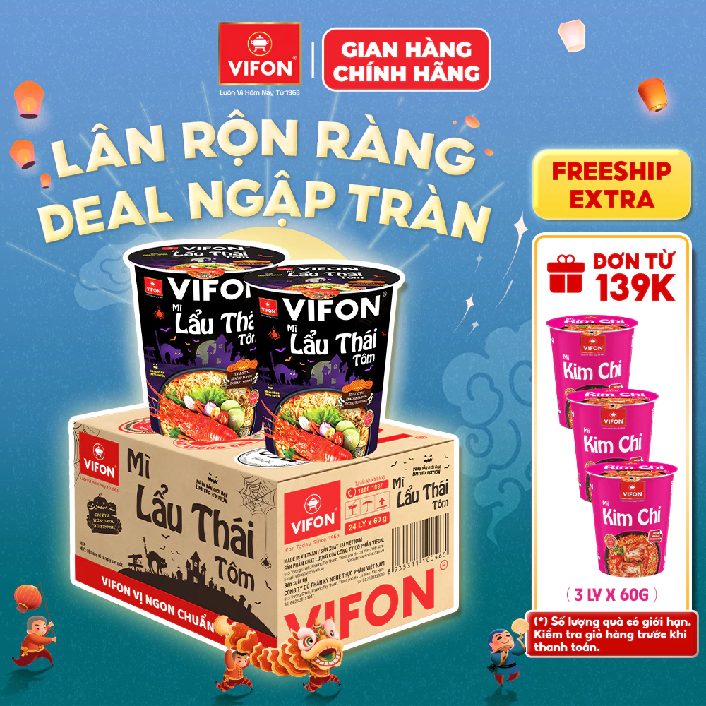 [Combo Halloween] Thùng 24 Ly Mì VIFON 60g Đa Dạng Hương Vị (Lẩu Thái/Bò/Gà/Chay) Thơm Ngon Tiện Lợi