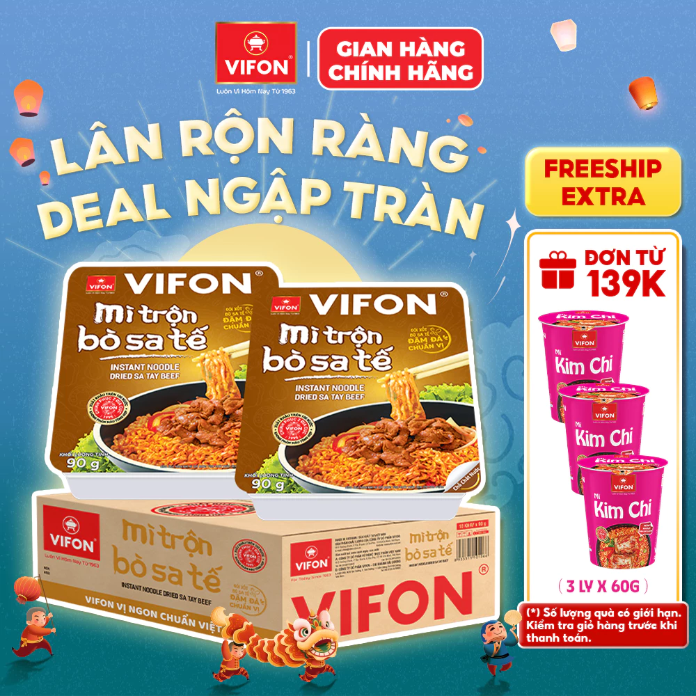 [SALE 55% T9D1] Thùng 18 Khay Mì Trộn Bò Sa tế/ Hải Sản/ Pad Thái/Tôm Chua Cay Thái/ Spaghetti VIFON 90gr