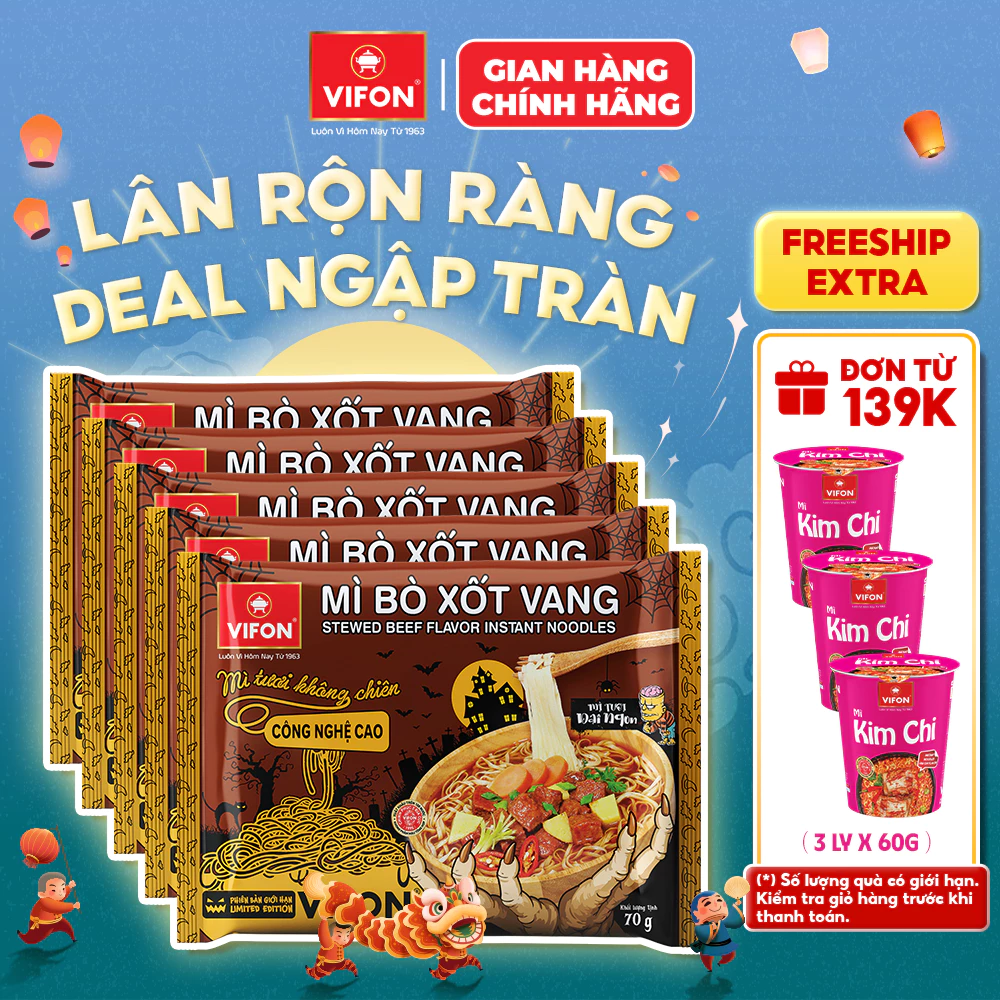 [KOL] Set 5/ Set 10 gói Mì Tươi Bò Xốt Vang/ Thịt Bằm / Tôm Chua Cay VIFON 70gr/Gói - Dai ngon đậm vị
