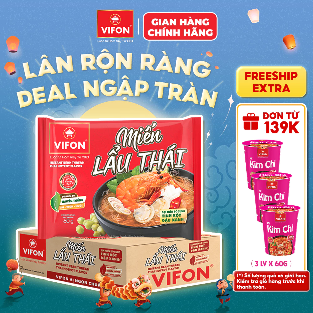 [HỎA TỐC + VOUCHER 10%] Thùng 24 Gói Miến VIFON 58g-60g (Vị Lẩu Thái/ Măng Vịt/ Sườn Heo) Sợi Dai