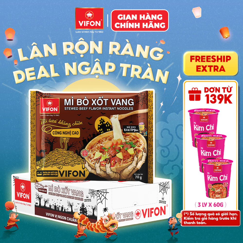 [Deal Độc Quyền] Thùng 30 gói Mì Tươi Bò Xốt Vang/ Thịt Bằm / Tôm Chua Cay VIFON 70gr/Gói
