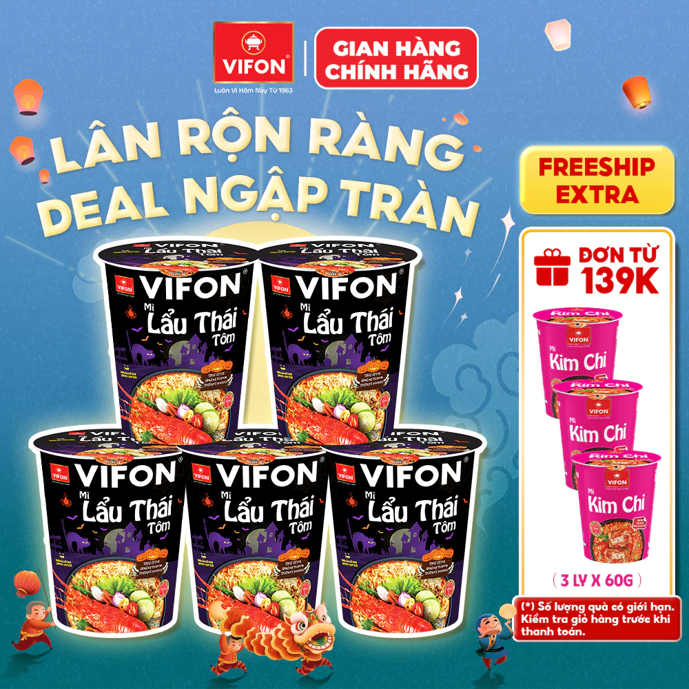 [KOL] Set 5 Ly Mì Vị Lẩu Thái Tomyum/Lẩu Thái Tôm/Bò/Gà/Chay Sala/Lẩu Thái Chay VIFON 60g/Ly