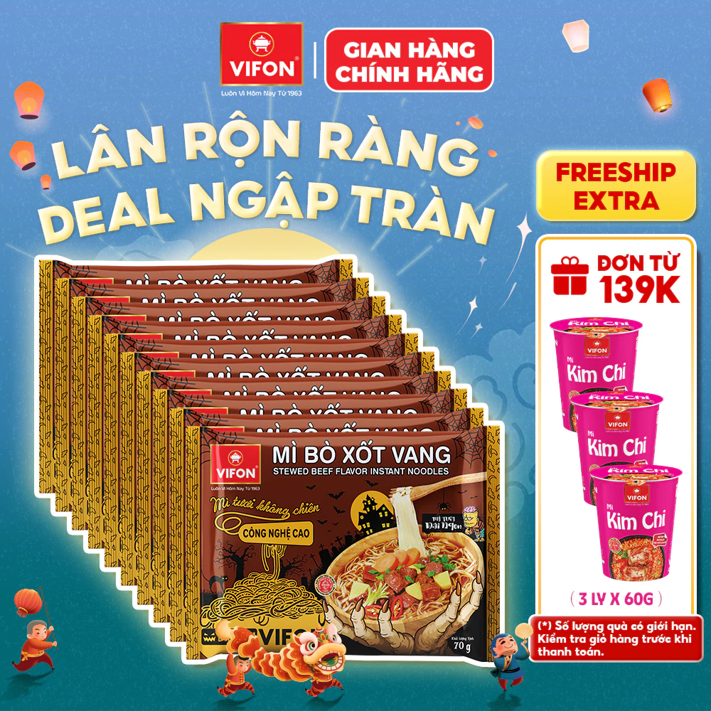 [Combo Halloween] Set 10 Gói Mì Tươi Bò Xốt Vang/Thịt Bằm/Tôm Chua Cay VIFON - Sợi Dai Ngon, 70g/Gói
