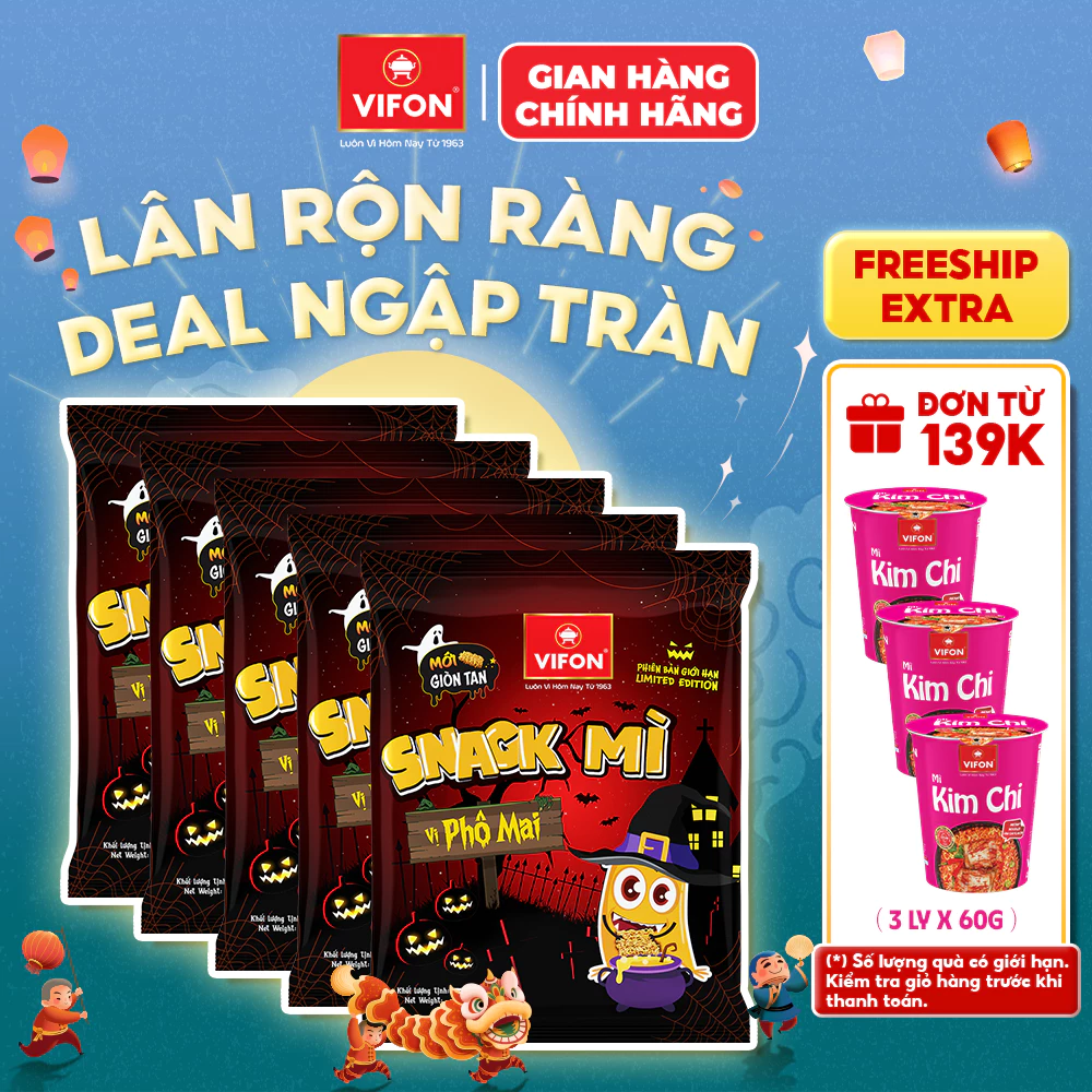 [Combo Halloween] Set 5 Gói Snack Mì Vị Bò Nướng/Hải Sản/Phô Mai VIFON - Đậm Đà, Giòn Xốp, 30g/Gói