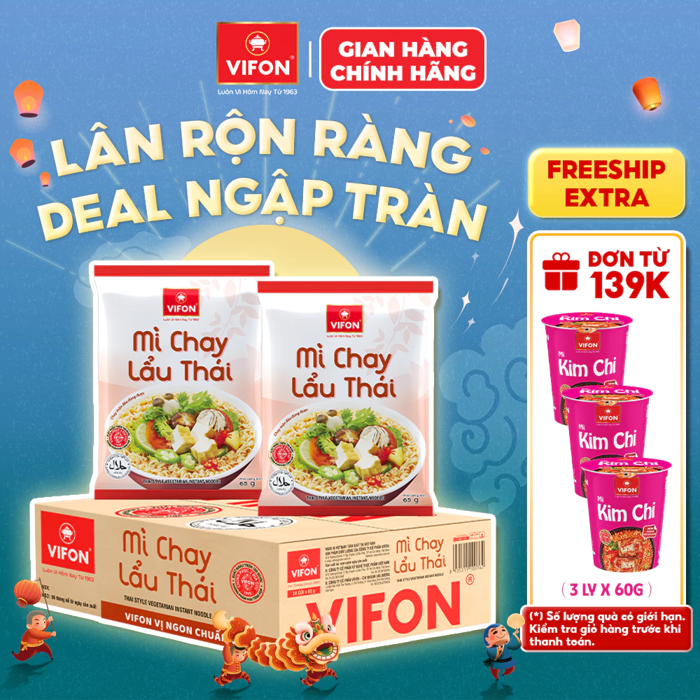 [VOUCHER HOT 10%] Thùng 30 Gói Mì Chay Lẩu Thái VIFON - Sợi Mì Giòn Trơn, Thơm Ngon 65g/Gói