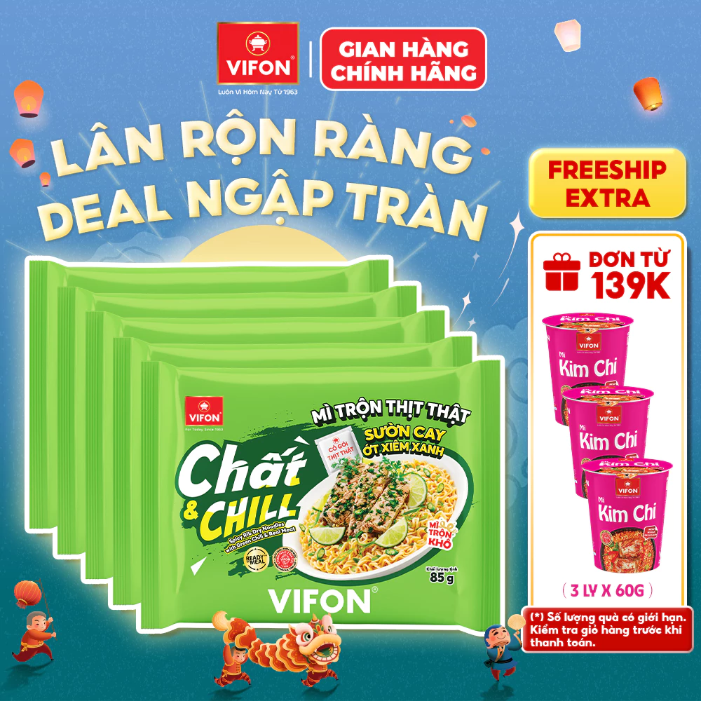 [VOUCHER HOT 10%] Set 5/10 Gói Mì Trộn Thịt Thật Sườn Cay Ớt Xiêm Xanh VIFON 85gr Đậm Vị, Tiện Lợi