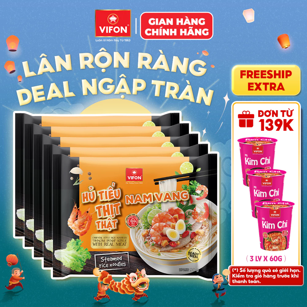 [VOUCHER HOT 10%] Set 5/ Set 10 Gói Hủ Tiếu Thịt Thật Hủ Tiếu Nam Vang/ Hủ Tiếu Sườn Heo VIFON 90gr/gói